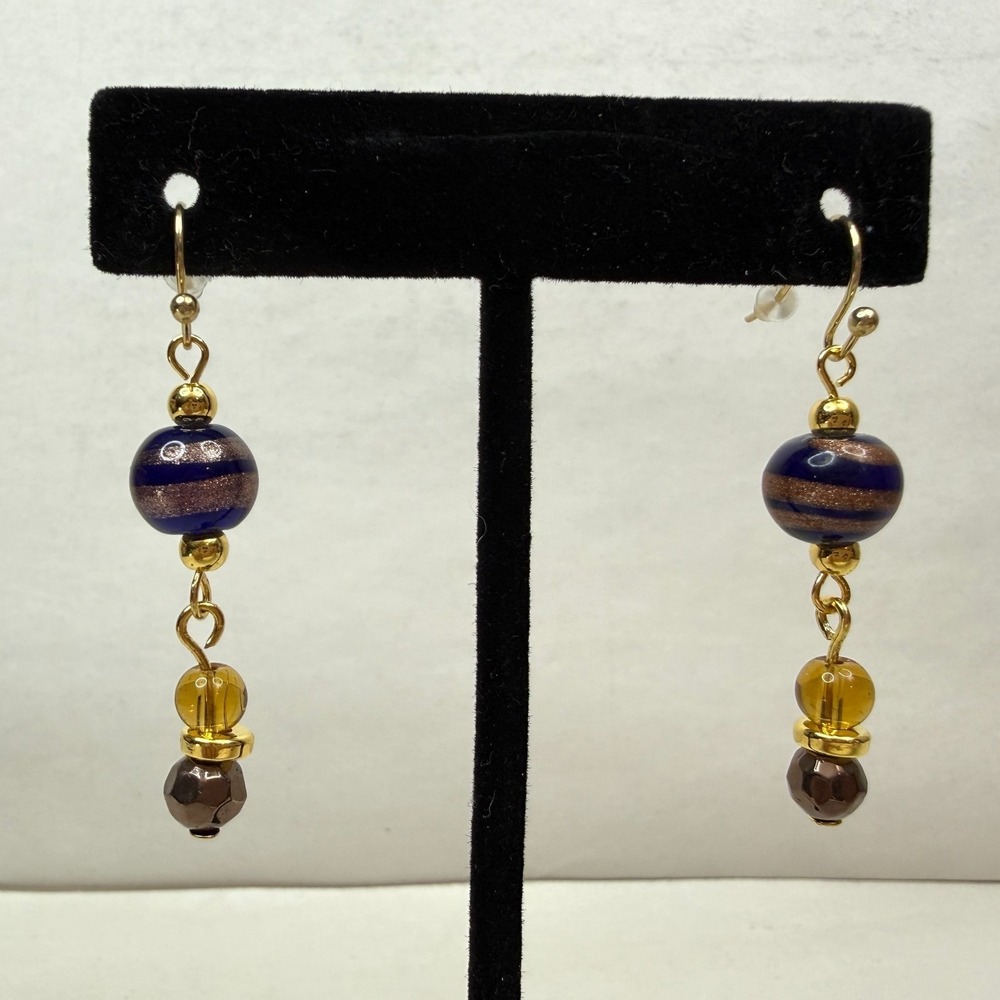 18K Gold Plated Hook Gold Blue Venetian Glass Bead Dangle Drop Earrings Jewelry